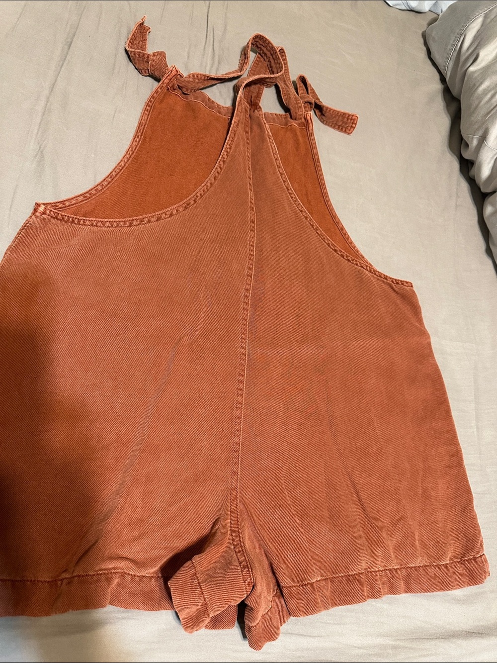 Aerie Brown Linen Blend Women's Short Overalls Romper Knotted Straps Size L - Picture 10 of 10